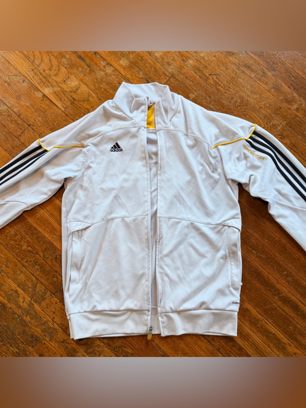 adidas White Jacket with Black Logo and Yellow Stitching